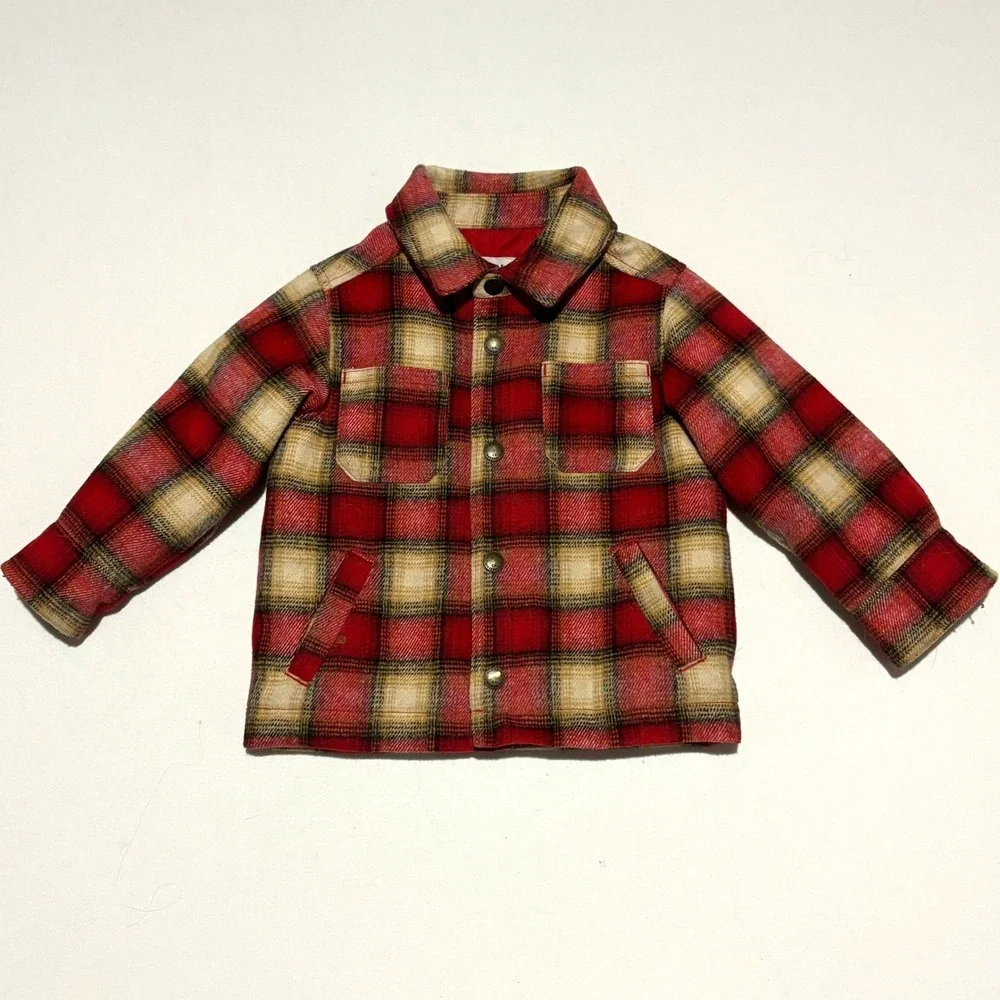 Old Navy Kids Plaid Lined Shirt Jacket Coat Toddler 2T‎ Red Tan Snap Front